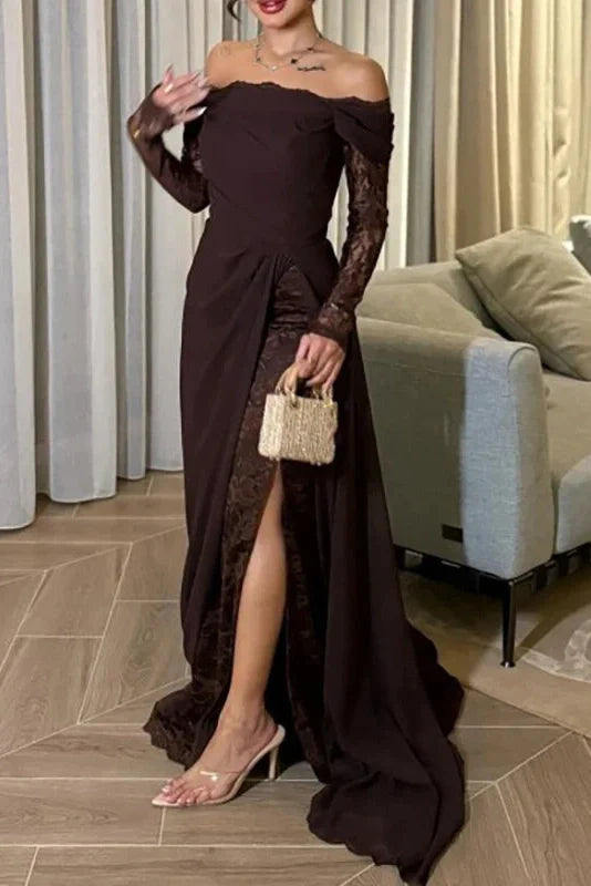 Elegant High Waist Split Pleated Off-Shoulder Lace Maxi Dress