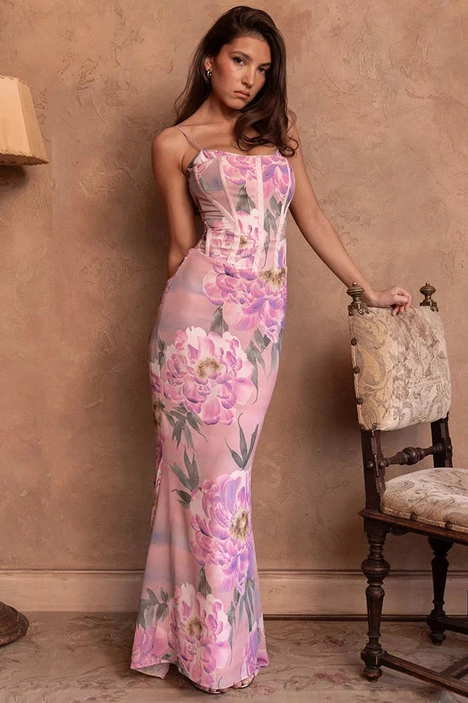 Floral Spaghetti Strap Sleeveless Backless Maxi Dress