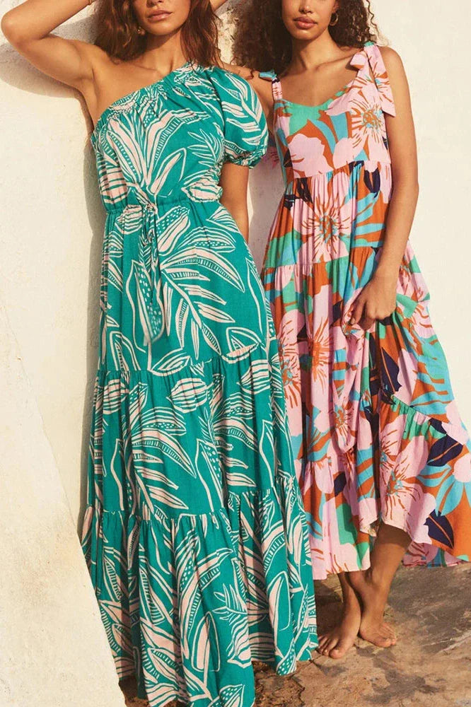 Printed High Waist Pleated One-Shoulder Sleeve Maxi Dress