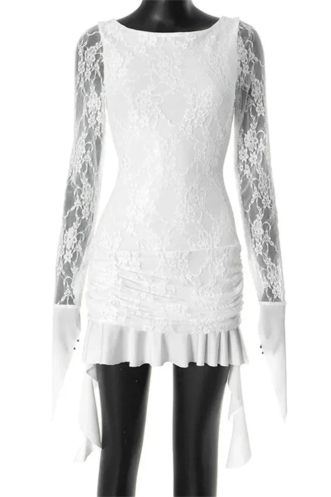 Lace Printed See-Through Patchwork Bodycon Mini Dress