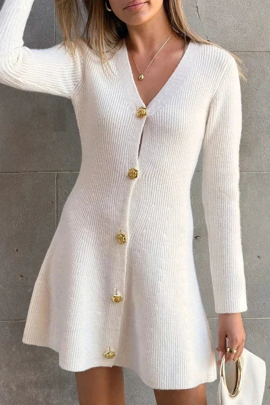 Elegant V-Neck Knitted High Waist Long Sleeve A-Line Mini Dress