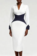 Elegant Long Sleeve Bodycon Deep V-Neck Slim Midi Dress