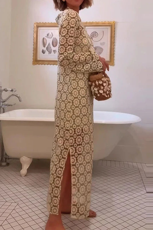 O-Neck Loose A-Line See-Through Printed Maxi Dress