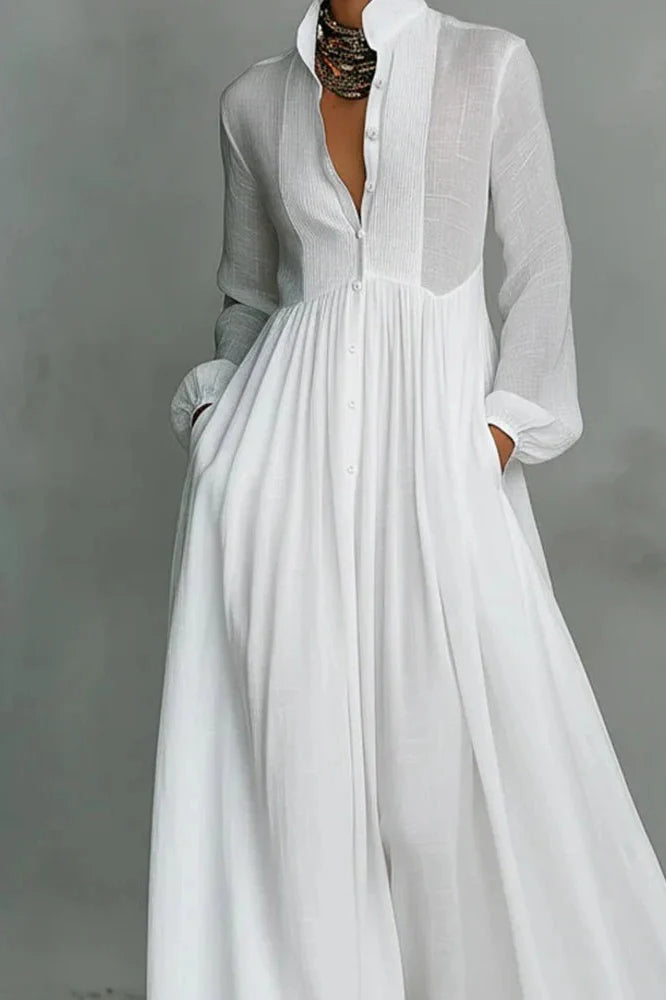 Elegant Long Sleeve Pleated High Waist Maxi Dress