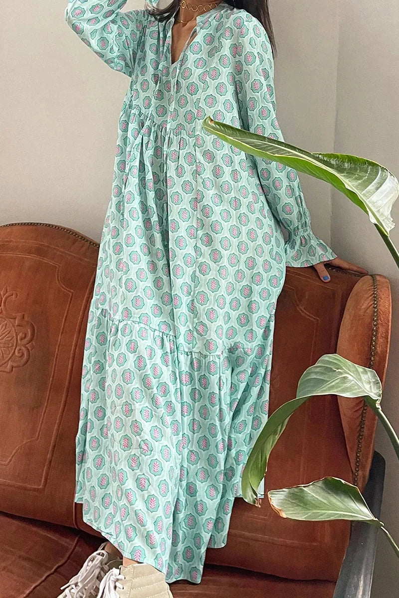 Print Tie-Up Long Sleeve V-Neck Maxi Dress