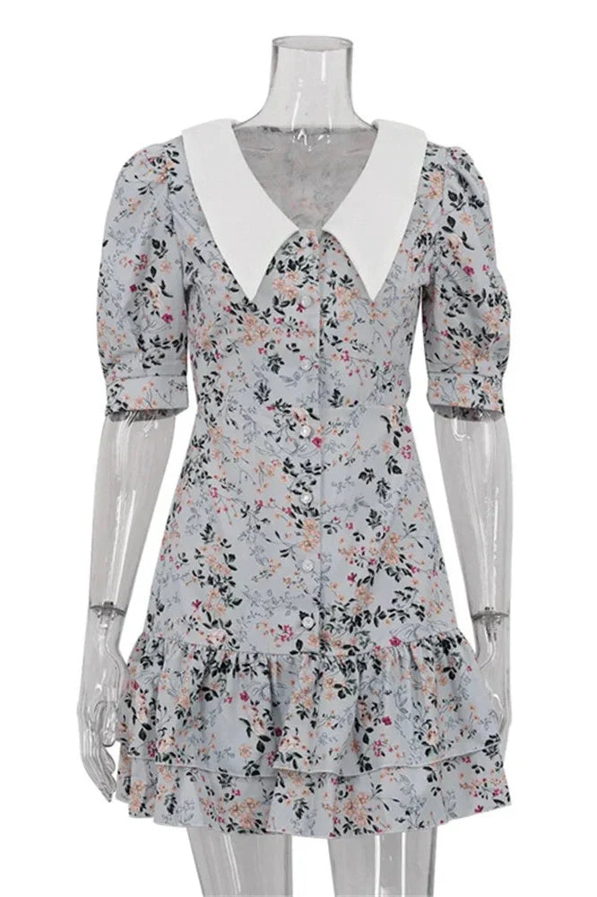 Printed V-Neck Short Sleeve Slim High Waist Mini Dress