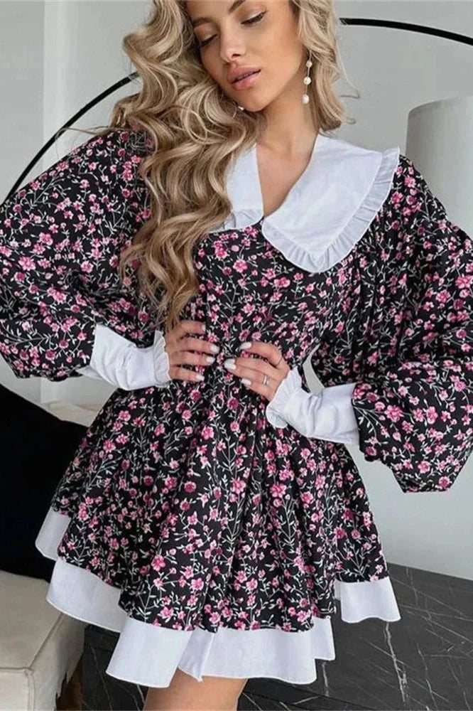 Printed V-Neck Slim Long Sleeve Bodycon Mini Dress