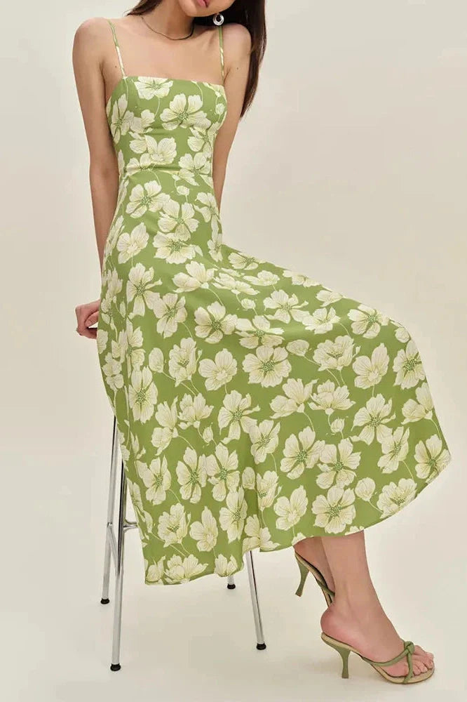 Backless Fit Floral Printed Sleeveless High Waist Midi Dress