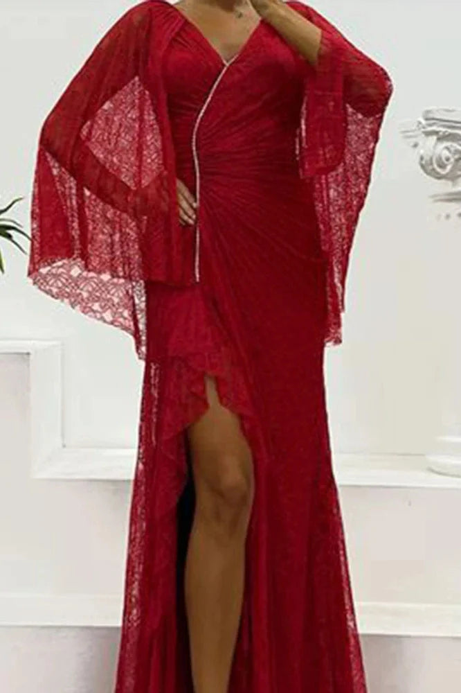 Hollow Lace Embroidery V-Neck Slim Split High Waist Maxi Dress