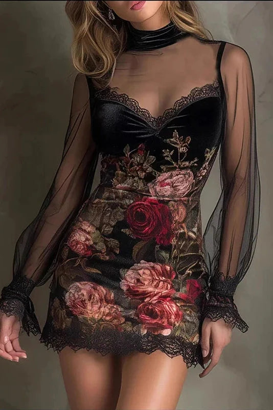 Lace See-Through Sleeves Printed Slim High Waist Mini Dress