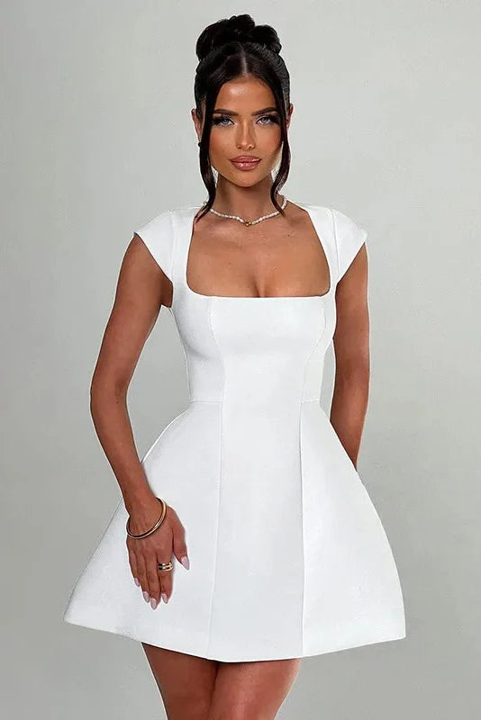 Square Collar A-Line High Waist Patchwork Mini Dress
