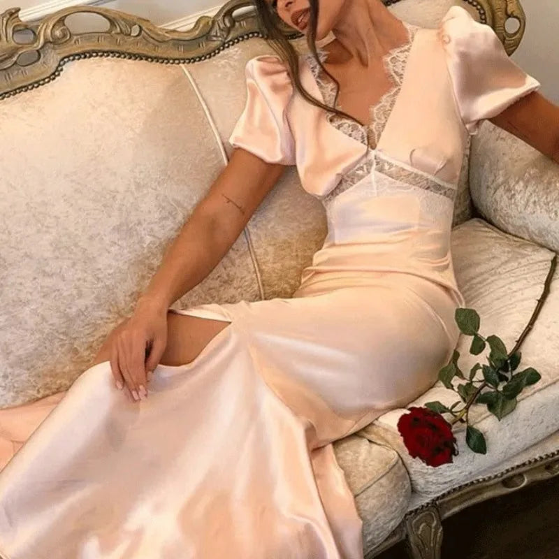 V-Neck Lace Hollow Out High Waist Patchwork Maxi Dress