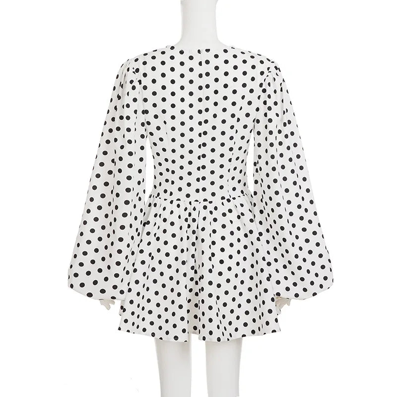 Polka Dot Print Deep V-Neck Single-Breasted Mini Dress