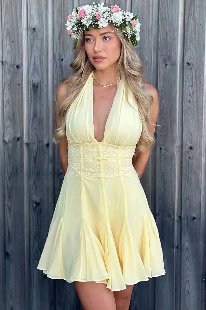 Backless Lace V Neck Sleeveless High Waist A-line Mini Dress