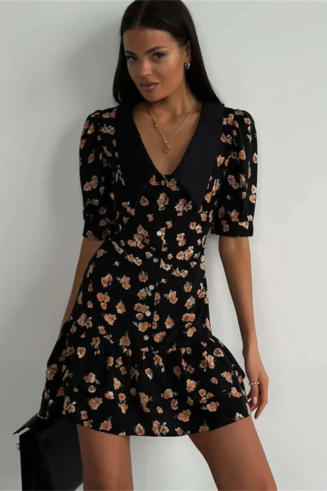 Printed V-Neck Short Sleeve Slim High Waist Mini Dress