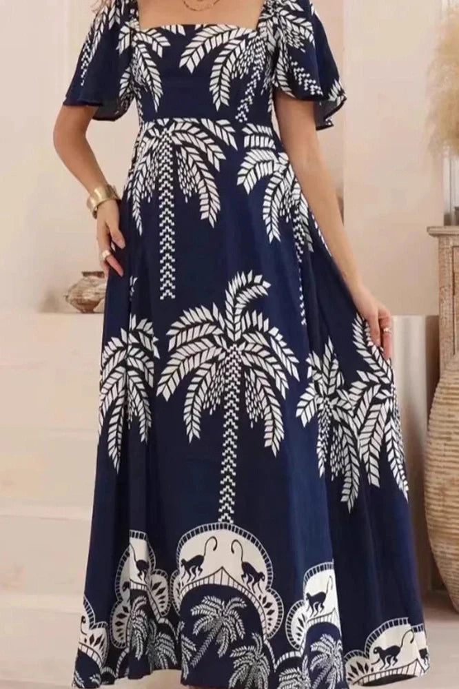 Square Collar Backless High Waist Pleated Printed Maxi Dress