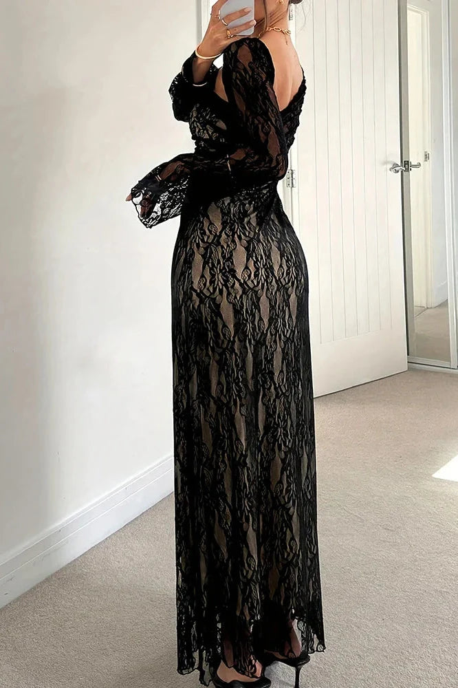Flare Sleeve Pleated Slim Slash Collar Lace Embroidery Maxi Dress
