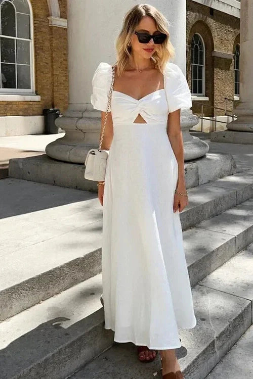 Hollow Out Cotton Square Collar Puff Sleeve Slim A-Line Maxi Dress