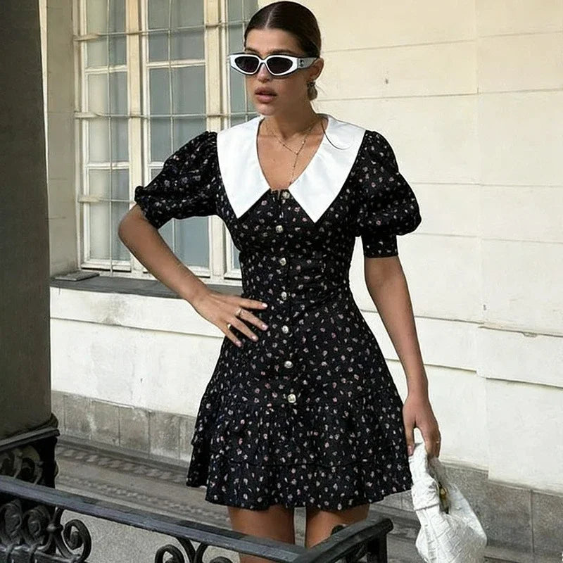 V-Neck Print Patchwork High Waist Mini Dress
