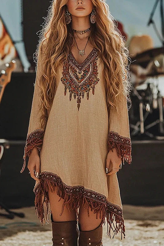 V Neck Long Sleeve Printed Lace Irregular Midi Dress