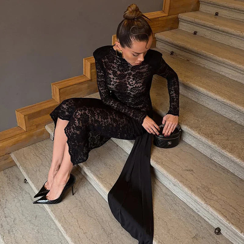 Long Sleeve Slim See Through Lace Up Midi Dress