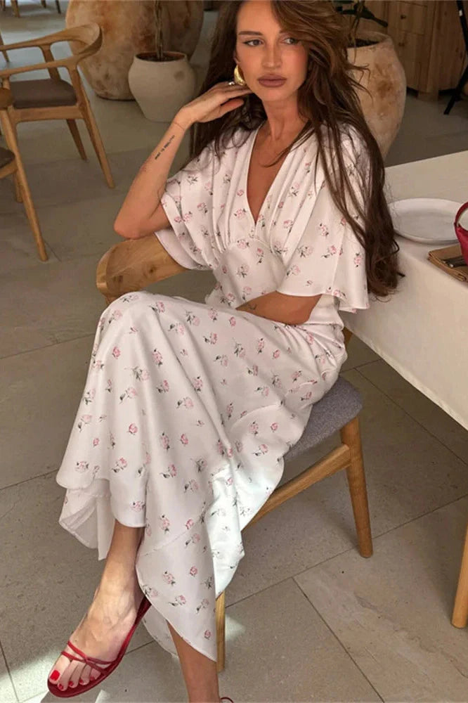 Printed V-Neck High Waist Slim Maxi Dress