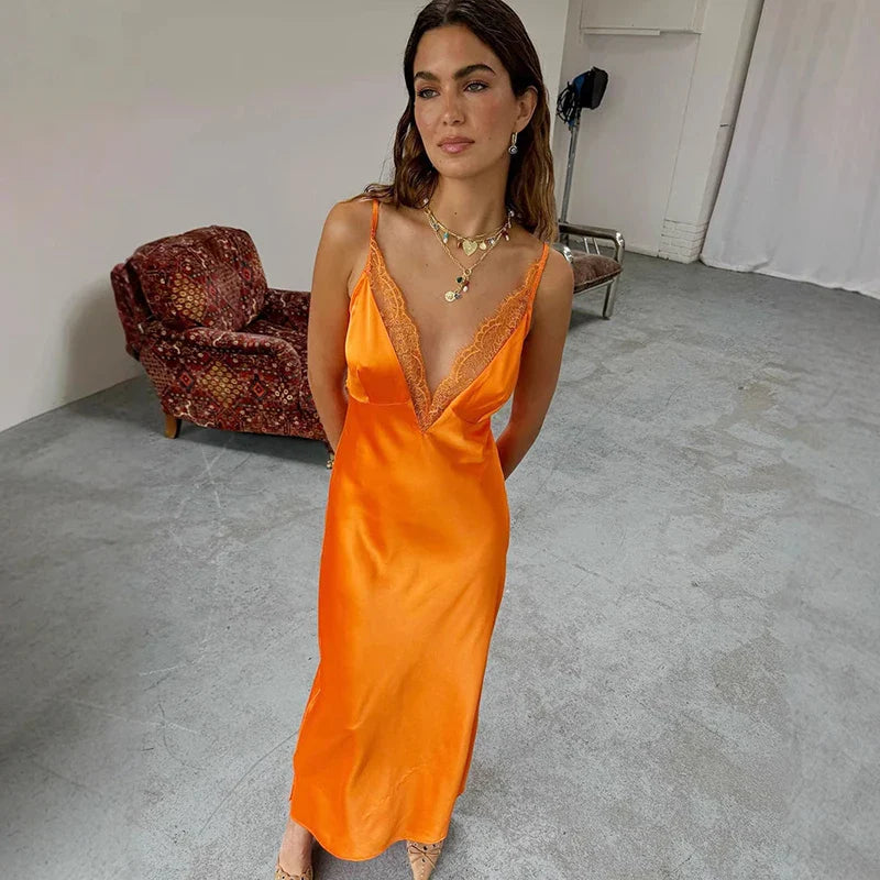 Lace Spaghetti Strap Deep V Neck Bodycon Maxi Dress