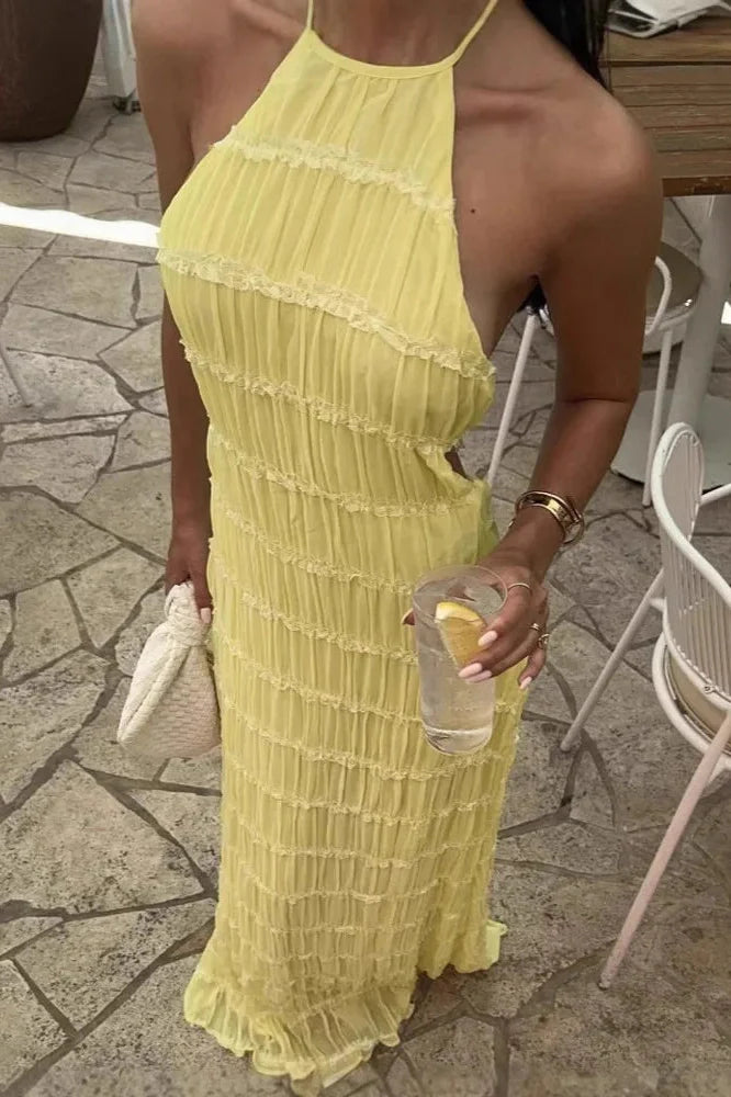 Backless Lace-up Sleeveless Pleated Maxi Dress