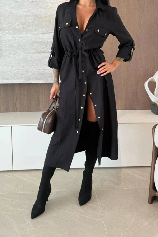Elegant Single Breasted Lace Up High Waist Midi Dress