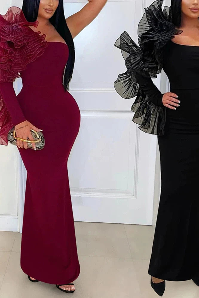 Elegant One-Shoulder Sleeve Slash Collar Slim Pleated Maxi Dress