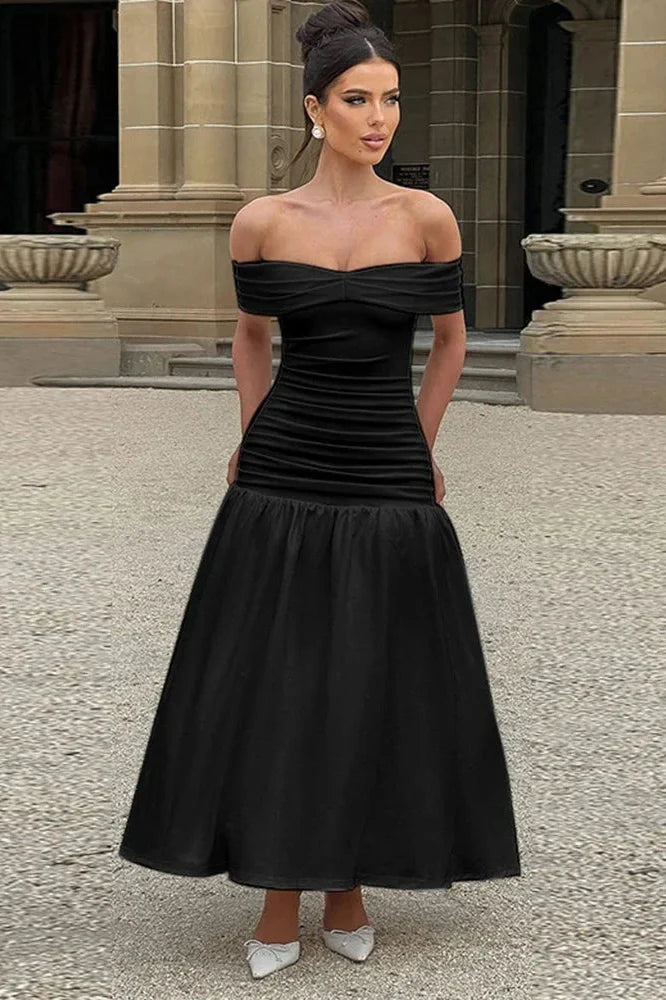 Slim Off-Shoulder Sleeveless High Waist A-Line Maxi Dress