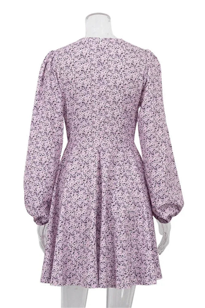 Hollow Out V-Neck Printed Long Sleeve Patchwork Mini Dress