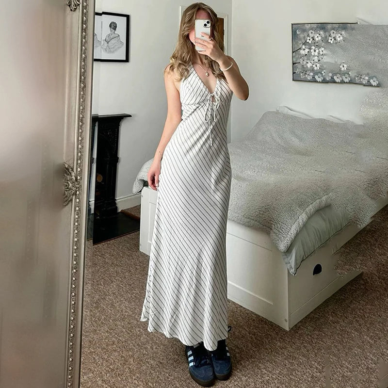 Striped Lace-Up V-Neck Sleeveless Slim Maxi Dress
