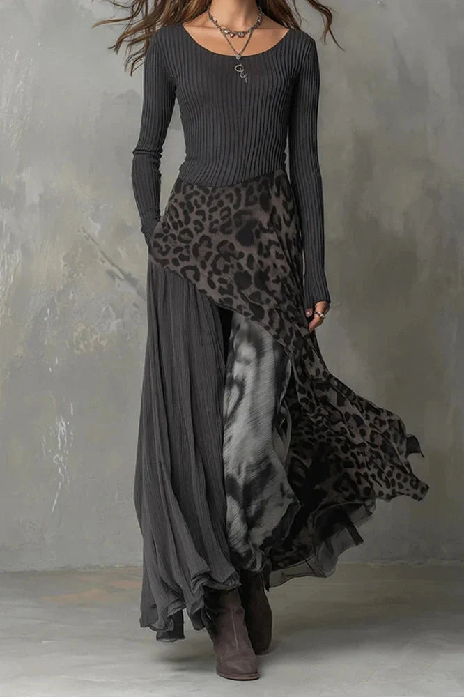 Pleated Knitted O-Neck Printed Long Sleeve High Waist Maxi Dress