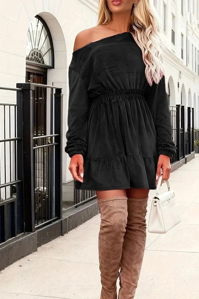 Slash Collar High Waist A-Line Long Sleeve Mini Dress