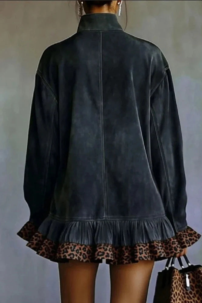 Leopard Printed High Collar Long Sleeve Loose Mini Dress