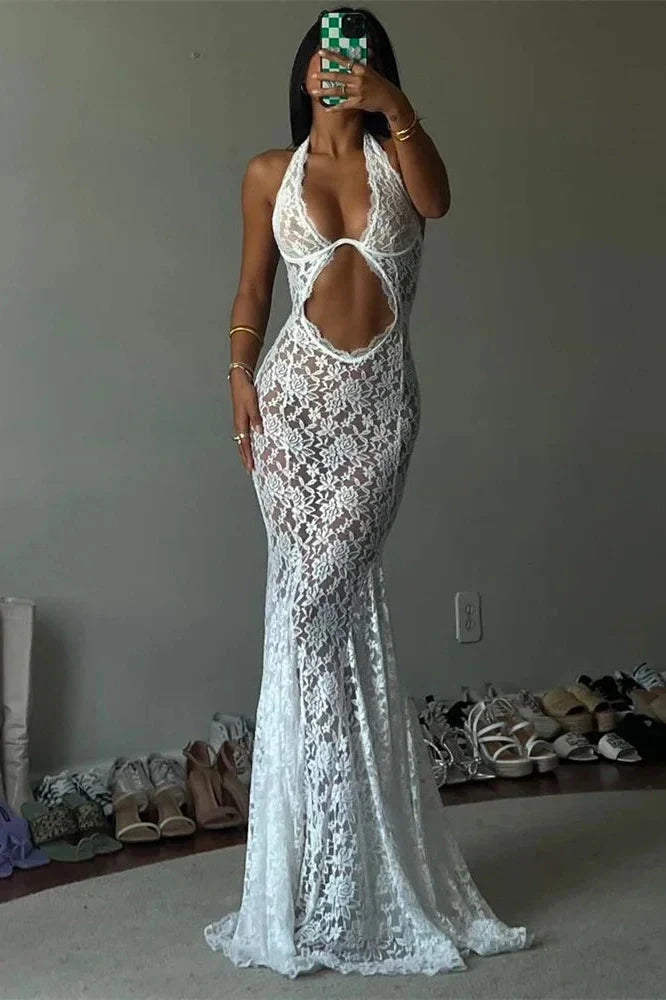 Lace Printed Backless See-Through Patchwork Maxi Dress