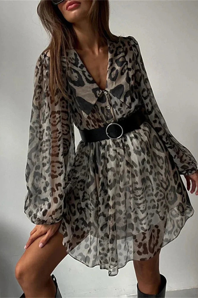 V-Neck Printed See-Through Long Sleeve Mini Dress