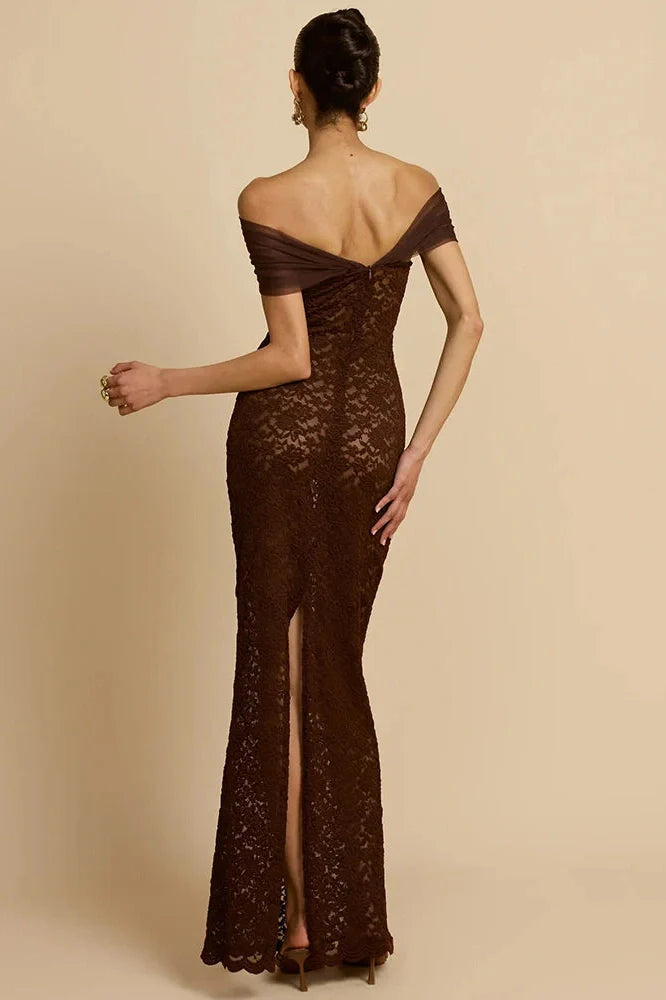 Lace Off-Shoulder See Through Strapless Sleeveless Split Bodycon Maxi Dress