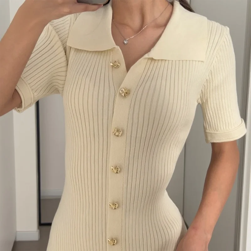Knitted Short Sleeve Slim High Waist Midi Dress