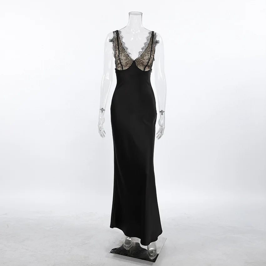 Lace Patchwork V-Neck Backless Maxi Dress