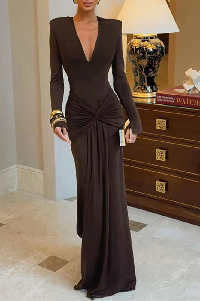 Elegant Deep V-Neck Slim Long Sleeve Pleated Maxi Dress