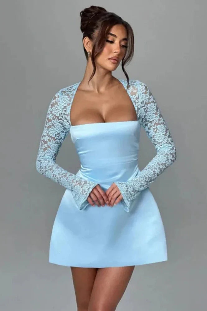 Lace Long Sleeve Square Collar Backless A-line Mini Dress