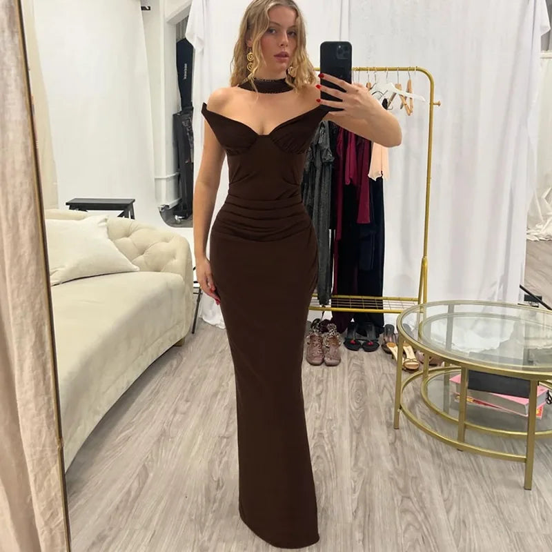 Scarf Collar Strapless Backless Slit Maxi Dress