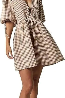 Short Sleeve V Neck Plaid Mini Dress
