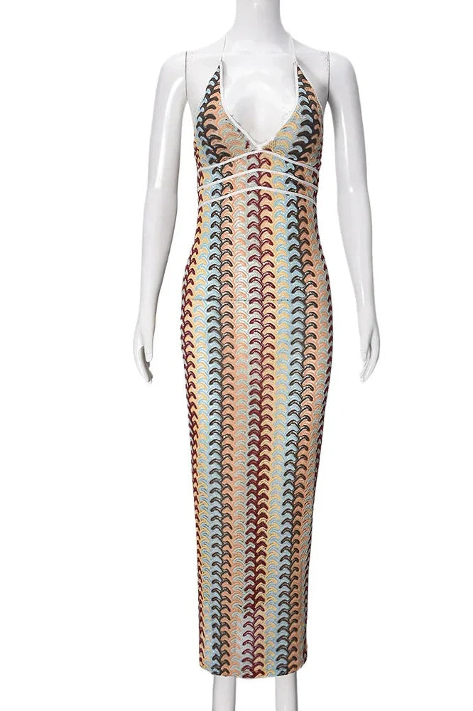 Striped Knitted Backless Slim Maxi Dress