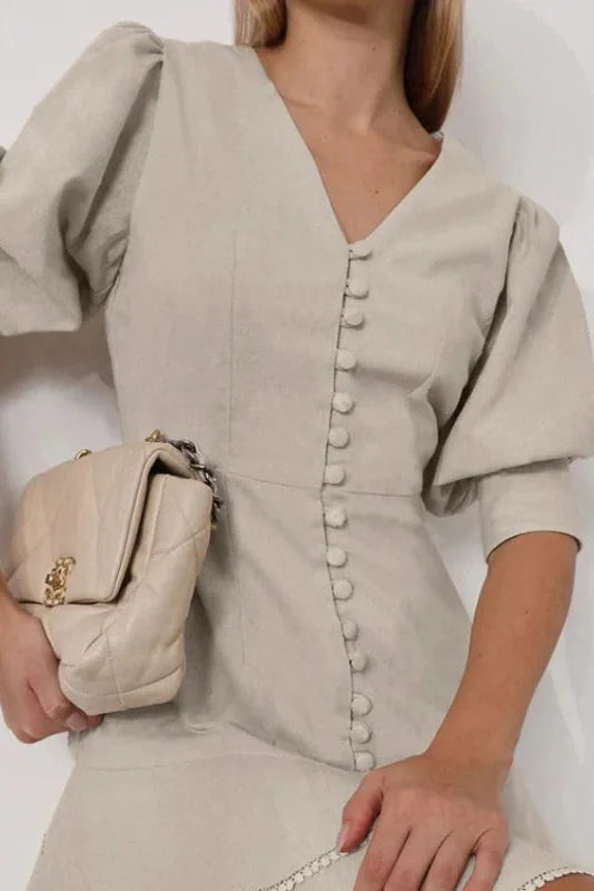 Lantern Sleeve A-Line V-Neck Single-Breasted High Waist Mini Dress