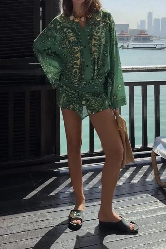 Long Sleeve Loose V-Neck Printed Pleated Mini Dress