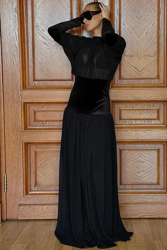 Elegant Round Neck Long Sleeve High Waist Slim Maxi Dress