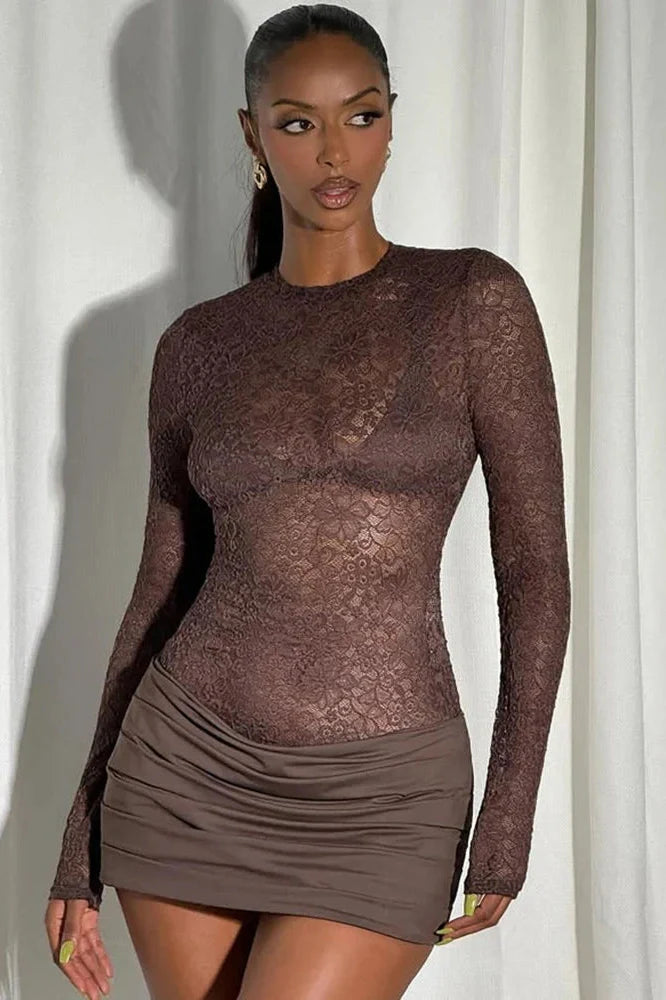 Lace See Through O Neck High Waist Long Sleeve Mini Dress